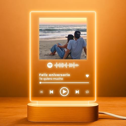 Cristal Plaque - Lámpara Personalizada con Foto y Canción Spotify | Placa Personalizada con Luz LED | Regalo Original para Parejas, Aniversario o Cumpleaños | Cuadro Personalizado con Base de Madera