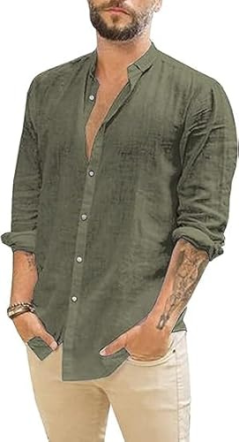 Runcati Camicia da uomo in lino, a maniche lunghe, estiva, da spiaggia, casual, vestibilità regolare, per il tempo libero, camicie, verde, M