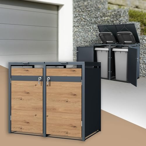 ML-Design Box pour 2 Poubelles, 240L, 132x80x116,3cm, en Acier, Anthracite/Aspect Chêne, Résistant aux Intempéries, Habillage de Poubelle avec Couvercle Rabattable/Porte, Conteneur Abri Hangar