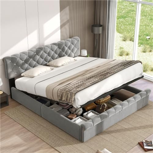 Polsterbett, Doppelbett Mit Hydraulischem Stauraum, Mit Kopfteil Und Kristallknöpfen, Grau, Mit Lattenrosten Aus Massivholz, Für Schlafzimmer Und Gästezimmer(Size:180x200cm)
