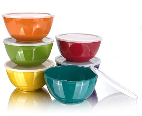 yongzhenlite Set of 6 Melamine 28oz Salad Bowl Set,6 inch Round Soup Bowl,100% Melamine Dinnerware Set for Dinner or Picnic Party,Break-Resistant and BPA Free,Multicolor (with a Sealed lid)