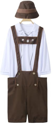 Premium Trachtenhose Herren Kurz Lederhose Herren Tracht Original Trachtenlederhosen für Braun Lederhosen mit Weißes Hemd Langarm Hosenträger Trachtenhut Trachtenmode Kurze Oktoberfest Outfit