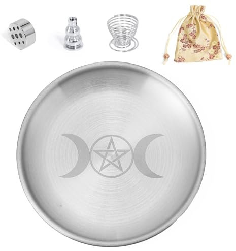 BEYLAB Triple Goddess Brass 5 in 1 Incense Holder with Storage Bag 14cm Incense Bowl for Any Incense Sticks, Palo Santo Holder, White Sage, Cones - Silver Set