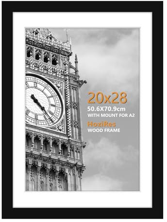 HoziRes Picture Frames 50cm x 70cm, 100% Solid Wood 70cm x 50cm Frame, 20x28 inch Picture Frame with Plexiglass Front, Black Picture Frames for Wall Mounting, Poster Frames with Mat for A2 Printing