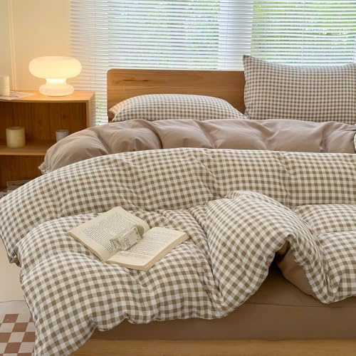 NSNLGSGC Plaid Duvet Cover Set, Single, Tan Gingham, 135 x 200 cm | Plaid Duvet Cover, 1 Pillowcase, Easy Care