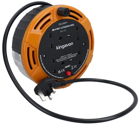 4 Way Heavy Duty Extension Lead Reel Maximum Load - 13 Amp 5 Metres Long with UK 3 Pin Plug