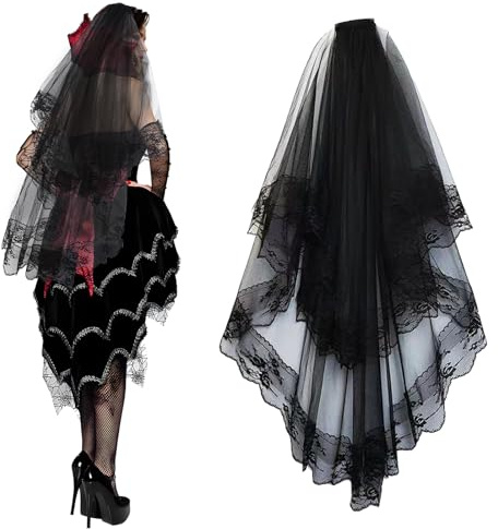 Tutukyle Velo Negro de Halloween Velo Nupcial Velo de Boda de Encaje Negro Tiaras para Mujer Velo de Fiesta de Halloween con Peine para Fiesta Cosplay Prom Cumpleaño Party