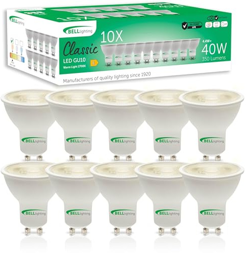 BELL Lighting GU10 Dimmable LED Spotlight Bulbs 4.4W 350lm 2700K 10 Pack | Dimmable GU10 LED spotlight bulbs with 2700K warm white light, 350lm output and 38 degree beam for downlights.