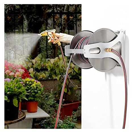 Garden hose reels Hose Reels,Washer Reel, Wall Mount Garden Hose Holder Stake，with Metal High Pressure Spray Gun, Hose, Connecting Fittings, Heavy Duty Garden Hose Reel for Outside Garden(98.4ft/30m)