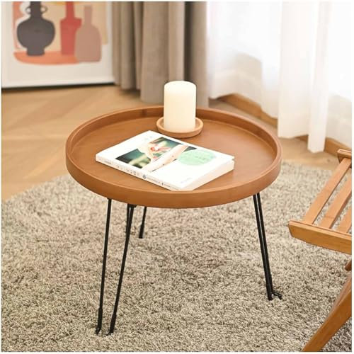 RYDZCLH Mesa Plegable con Bandeja, Mesa Auxiliar Redonda con Patas Metal, Mesa Centro Portátil Bambú para Sala Estar, Patio, Oficina, Camping, Marrón Caramelo