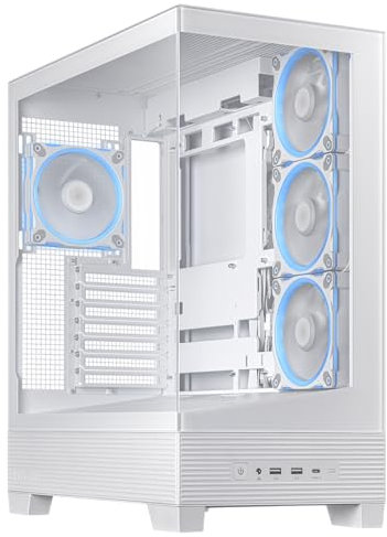 ASUS A31 Plus TG ARGB White ATX PC Gehäuse (vorinstallierte ARGB-Lüfter, Frontpanel aus Glas, kompatibel mit Mainboards mit versteckten Anschlüssen, 360-mm-Radiatoren, 380-mm-Grafikkarten, weiß)