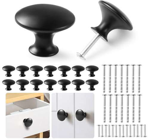 FISKUNYU 14 Piezas tiradores negros cocina Pomos y Negros Redondos,pomo armario,Tiradores Armarios y Tiradores Cajones de Un Solo Agujero, Perillas Tornillos para Armarios, Cocina y Baño