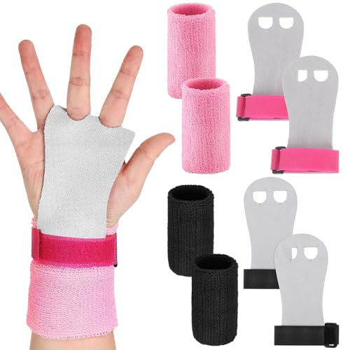 JSTHHTT 2 Paar Griffpads Kinder Reckriemchen Turnen Mädchen Reck Handschuhe Turnen Kinder, Pull Up Grips für Kinderr, Hand Grips Leder Trainingshandschuhe für Mädchen Jugend mit 4 Sport Wristbands