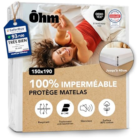 Protector Colchón 150x190 cm | Cubrecolchón Impermeable e Imperceptible | Algodón Hipoalergénico y Absorbente | Antiácaros | Forma de Bajera | hasta 40 cm | Funda Transpirable | Oeko-Tex | Ôhm