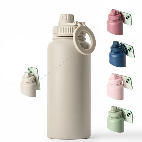 Botella de agua con aro magnetico para el movil y antiderrame. Botella de acero inoxidable 1L BPA free que mantiene el frio o el calor. Botella termica para el gym u oficina. (Duna)