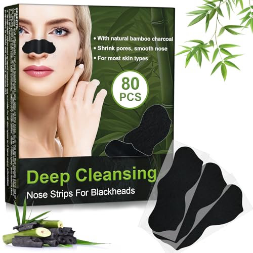 Holilo Mitesserentferner Stripes, 80 Stück Natürliche Bambuskohle Mitesser Strips, Nose Strips Blackhead, Zum Entfernen von Mitessern und Zum Freimachen verstopfter Poren