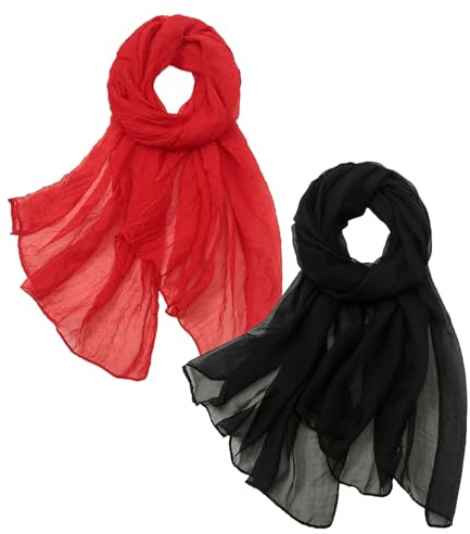 Plipdhy 2PCS Sciarpa In Chiffon Donna,Foulard Leggera Morbida e Stole,Sciarpe Da Donna Per Matrimonio,Sposa（Rosso e nero）