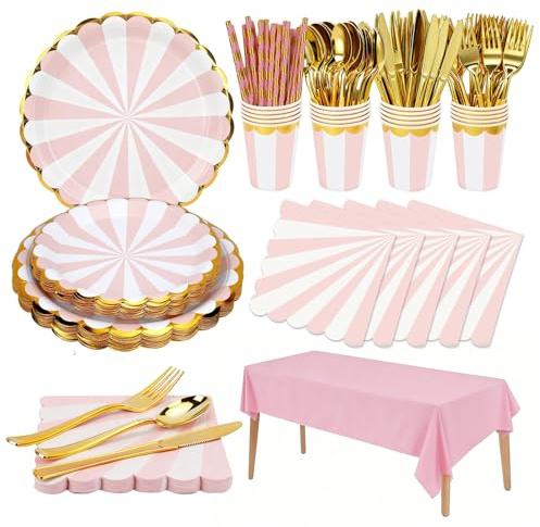 161 Pcs Party Tableware Set, Disposable Party Supplies Includes Paper Plates Cups Cutlery Napkins Straw Random Table Cloths, Decoration Dinnerware for Kids Birthday Baby Shower Picnic-20 Guests (Pink)