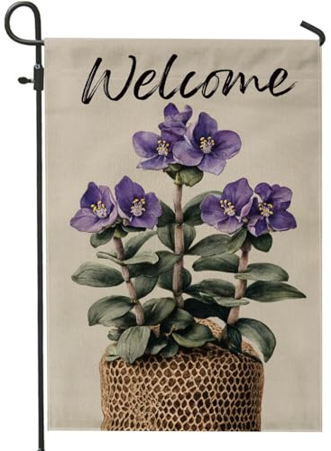 Bandera de jardín violeta africana violeta de bienvenida, pancarta floral de primavera y verano, decoración del hogar, bandera de arpillera de doble cara, decoración de césped al aire libre, 12 x 18