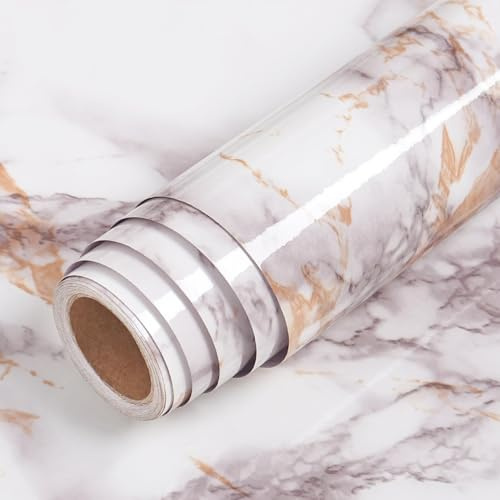 LACHEERY 90cm x 400cm Klebefolie Möbel Grau Rot Küchenfolie Selbstklebend Marmor Hochglanz Arbeitsplatte Folie Küche Vinyl Möbelfolie Marmoriert Wasserdicht Dekorativ für Tisch Schränk Fensterbank
