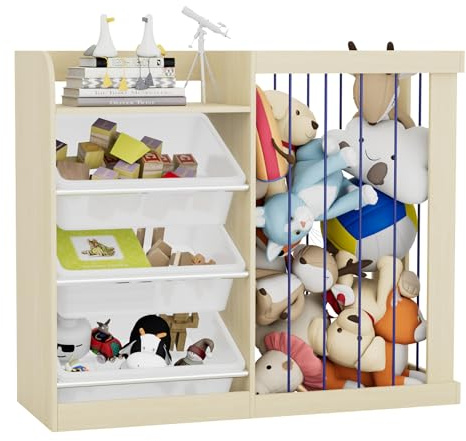 KEEPREAPER 2 in 1 Kinderregal mit 3 Aufbewahungsbox aus Kunststoff, Spielzeugtruhe Holz, Spielzeug Aufbewahrung, Spielzeugregal für Kinderzimmer, 95x34x80cm (Natur)