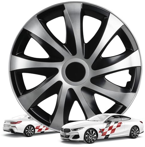 WALSER Premium Radkappen Storm Bicolor, 4er Set Radkappen Auszeichnung Sehr Gut*, Radzierblenden 14 Zoll, Radblenden für Alufelgen Stahlfelgen, Auto Radzierblende schwarz Silber - Made in Europe
