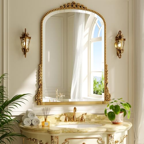 Koonmi Arched Beaded Bathroom Wall Mirror, 70 x 101 cm, Gold | Metal frame, Beaded decorative surround, Suitable for bathrooms and bedrooms/dressing areas