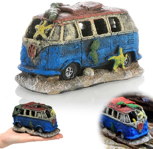 Qanye Aquarium Dekoration Auto Wrack, Harz Ornamente Realistisches Bus & PKW Versteck für Fische & Garnelen, Landschaftsbau Deko zum Spielen, Paaren & Ausruhen (Trainer), 12.5 x 7.5 x 8 cm