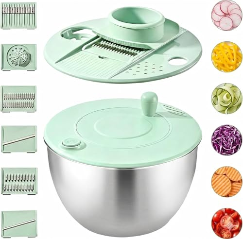 5L Salatschleuder Edelstahl, salatschleuder,salad spinner,rutschfeste Basis und Kurbelbetriebener Salatschleudern,mit Vielfältigem Zubehör und Eigelbtrenner, für Kochen, Backen und Schneiden von Gemü