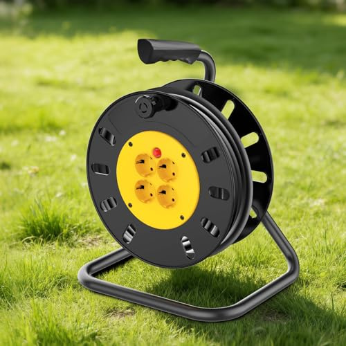 Cable alargador de 25 m, 4 enchufes con soporte, enchufe europeo fundido de 13 A, rollo de cable abierto con corte térmico, bobina de cable de extensión de largo alcance para jardín, bricolaje y
