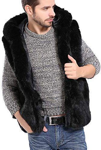 Homme Gilet en Fausse Fourrure Veste sans Manches Personnalité Outwear Manteau Chaud Gilets À Capuche Noir S