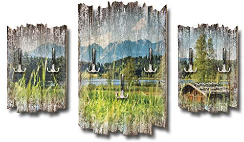 Kreative Feder 3-teilige Designer Wandgarderobe Alpenseepanorama - Flurgarderobe Wandpaneele Größe 95x60cm aus MDF (Alpensee-Panorama)