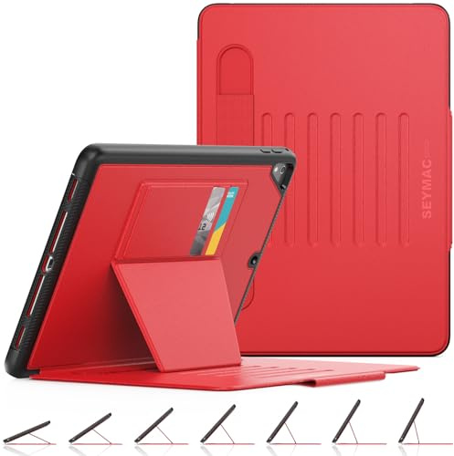 SEYMAC stock Case for iPad 6th/5th Generation/Air 2 / Pro 9.7'', Magnetic Auto Sleep/Wake Smart Cover with [Multi-angles Stand] Pencil Holder & Card Slot Feature for iPad 9.7 Inch 2018/2017, Red