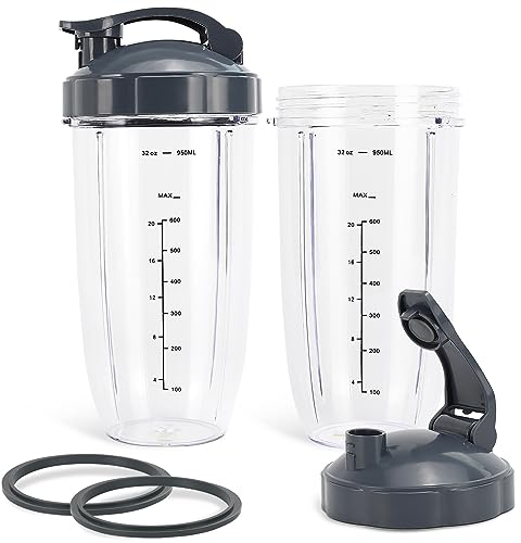 Blender Replacement Cups 32 oz for NutriBullet Pro 900w/ 600w Series Cups with Flip Top To Go Lids (2 Pack)