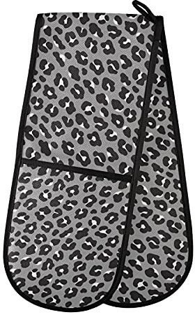 PUXUQU Oven Gloves Double Oven Mitts Gloves, Grey Leopard Print Heat Resistant Oven Gloves for Baking BBQ Kitchen Cooking Gloves