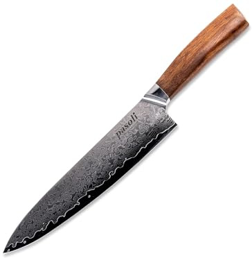 pasoli Damast Chefmesser inkl. Klingenschutz | 67-lagiger VG-10 Damaszener-Stahl | scharfe 20 cm Klinge | edler Holzgriff | ideales Kochmesser