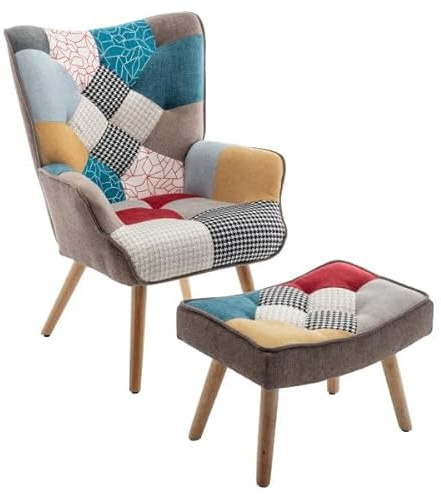 Totò Piccinni Sessel mit Hocker Design Patchwork Beine aus Buchenholz (Patchwork Party)