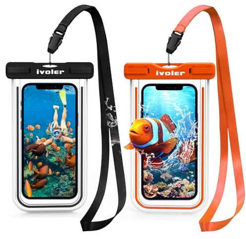 ivoler [Förpackning med 2] Vattentät telefonväska [IPX8-certifierad] fodral/fodral/vattentätt fodral smartphones universell skyddsväska för iPhone, Samsung, Huawei, upp till 6,7 tum (Nior+Orange)