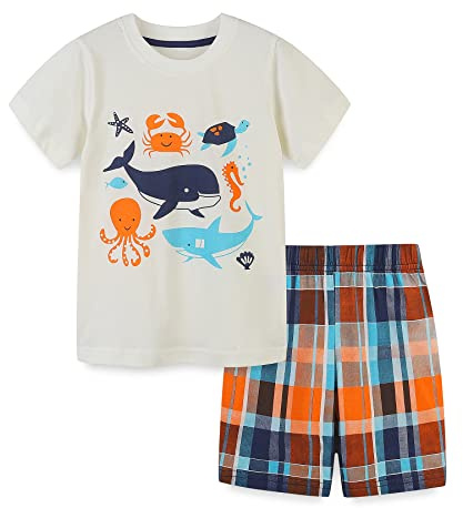 Bumeex Toddler Boy's Summer Clothes Outfits,T-shirt and Short Clothing Set White Fish 5t