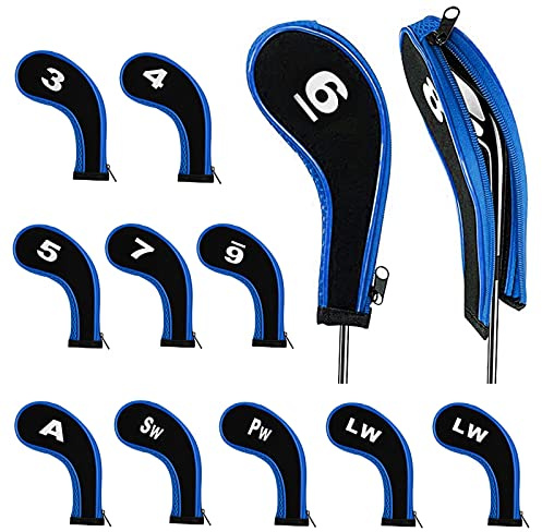 Lot de 12 housses de tête de golf, 3-9, Pw, Aw, Sw, Lw, Lw, Housse de tête de club de golf imperméable à fermeture éclair pour homme et femme (bleu)