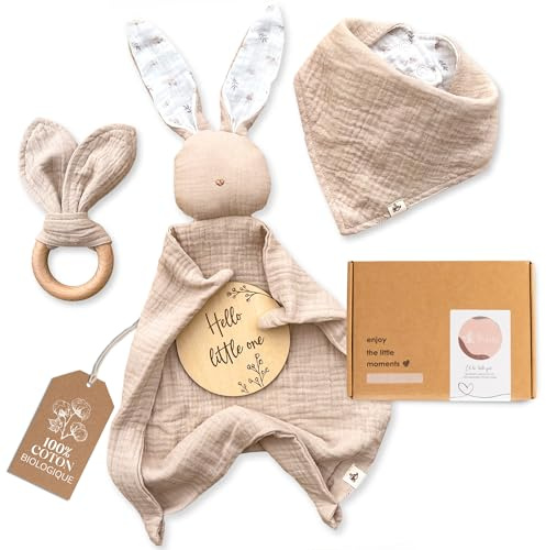 Mikito baby gåva pojke & flicka/nyfödd gåva med muslin snuffelduk bitring haklapp baby träsköld/present till födseln