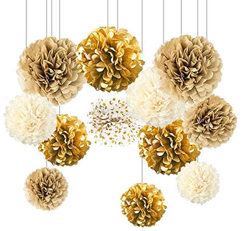 CC wonderland zone Goldene Hochzeit Deko,12 Stück Gold Creme Papier Pompons,Beige Weiß PomPoms für Party Deko