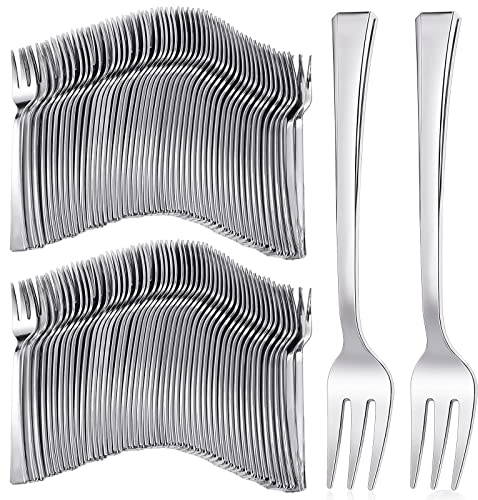 Yinkin 300 Pieces Plastic Mini Appetizer Forks 4.53 Inch Stainless Steel Finished Silver Disposable Silverware Heavy Duty Plastic Tasting Dessert Forks for Party Wedding Catering