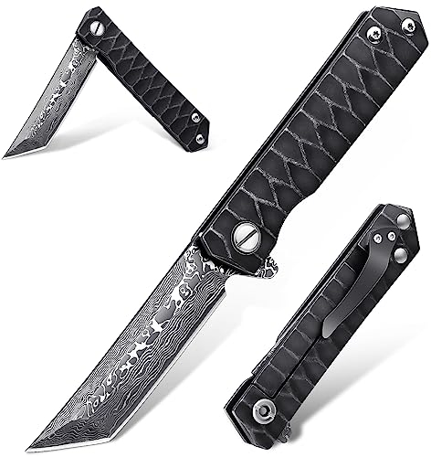Moontay Taschenmesser Klappmesser aus echt VG10 Damast mit Titanium Coating Griff Rasiermesser Scharf Survival Messer für Wandern Camping schwarz Einhandmesser mit Klipp - Geschenke für Männer…