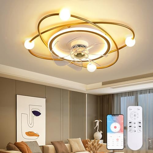 RRBEST Modern Ceiling Fan with Lighting,58CM Dimmable LED Ceiling Light with Fan,48W Timer Ceiling Fan with Lamp for Living Room Bedroom Dining Room (Gold)