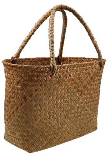 HEMOTON Aufbewahrungskorb aus Seegras Rechteckig Einkaufstasche Einkaufskorb Flechttasche Strandtasche Seegrastasche Hängekorb mit Doppelgriff, 34x14x21CM