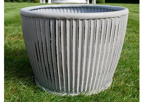 Small Short Metal Dolly Tub Planter Plant Pot Ribbed Grey Rim Garden Barrel Drum