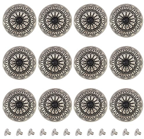 GORGECRAFT 1 caja 12 botones con tapón de rosca 30 mm forma redonda conchos negro turquesa artificial botones vintage girasol tornillos decorativos remaches hebillas DIY cuero artesanía