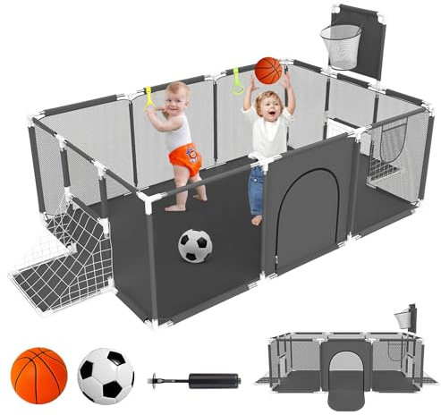Laufgitter für baby und Kleinkinder, 182 x 122 cm, mit Baskeball- und Fußballreifen, atmungsaktivem Netz, Standringen, rutschfester Boden, faltbar
