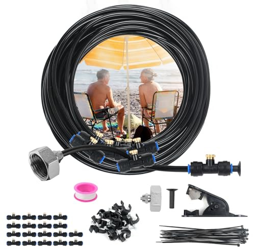 MaxEarn 63 Stk 50Fuß(15m) Sprühnebel Kühlung Bewässerungs System, Outdoor Misting System Nebel-Kühlsystem mit 15M Schlauch und 18 Metalldüsen, Wasserzerstäuber für Terrasse, Garten, Pavillon